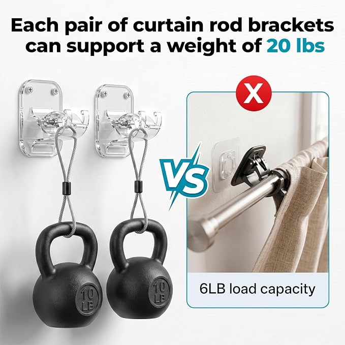 No Drill Curtain Rod Brackets-20LB, 4 Pack Self Adhesive Curtain Rod Holder | - Image 3