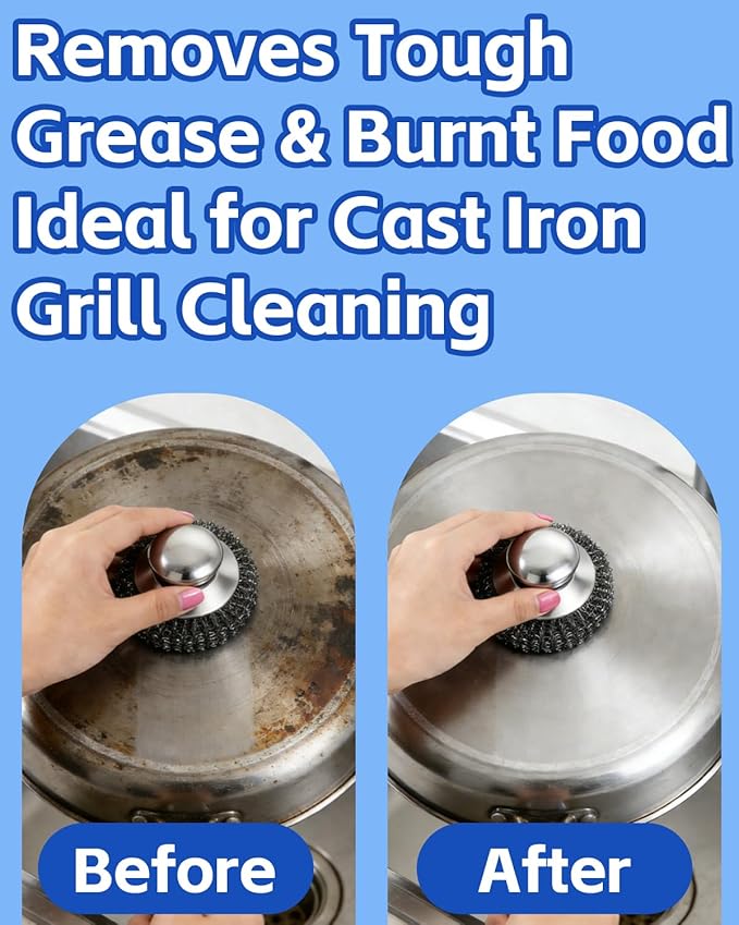 Stainless Steel Wool Scrubber with Handle, Steel Scrubber Wool Pads, Scrubbing Scouring Brush Pads for Cleaning Dishes, Stoves, Kitchen Pots, Pans