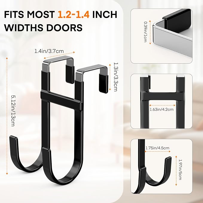 FYY Over the Door Hooks, Double-Hanger 4 Pack, Fits Doors 1 3/8" Black | Heavy - Image 2