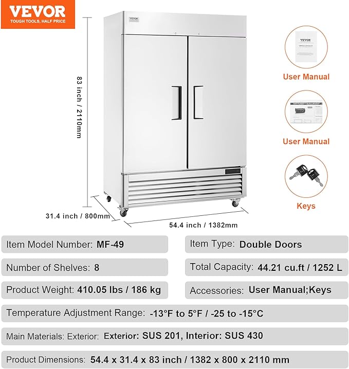 VEVOR Commercial Freezer 44.21 Cu.ft, Reach In 54.4" W Upright Freezer 2 Doors, Auto-Defrost Stainless Steel Reach-in Freezer with 8 Adjustable Shelves, -13 to 5℉ Temp Control, LED Lighting, 4 Wheels