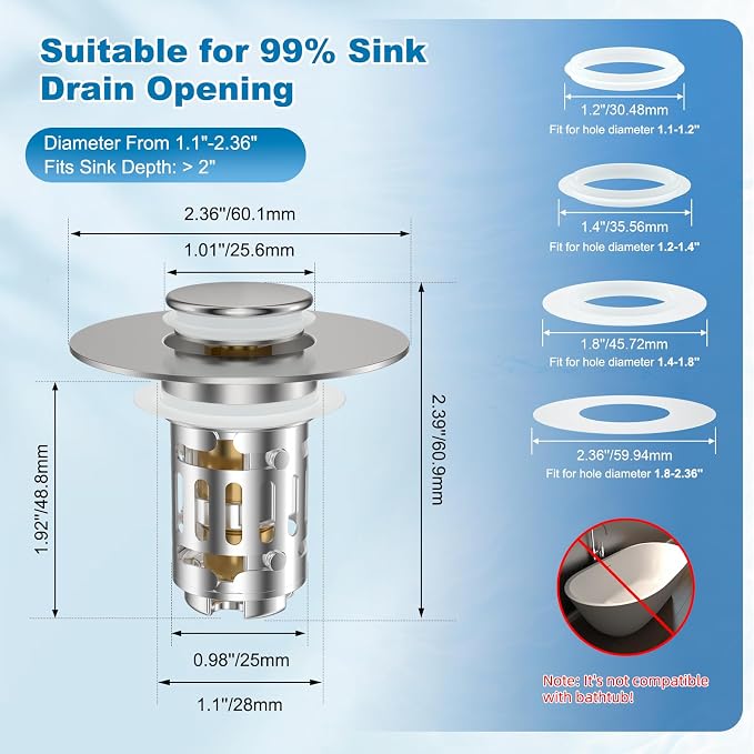 Hibbent 2 Pack Bathroom Sink Drain Strainer, 3 in 1 Pop Up Stopper | Universal - Image 8