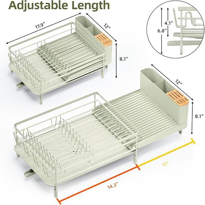 Urackify Extendable Dish Rack, 18.5"-26.7" L x 12.7" W, Soft Celery Green | - Image 8