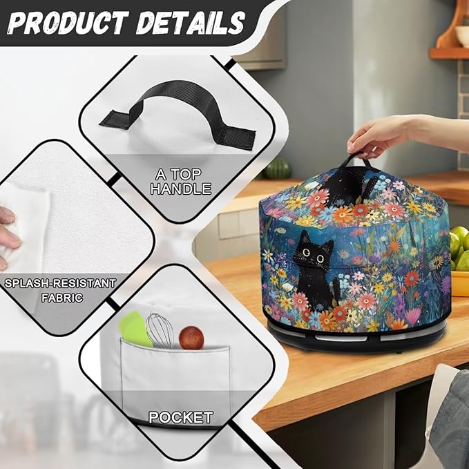 Cute Cat Daisy Floral Print Slow Cooker Dust Cover Protective with Pocket Keep Appliance Clean Fit Most 6-8 Quart Crock Pot Kitchen Appliance Organizer Kitchen Accessories