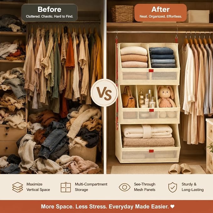 Hanging Closet Clothes Organizers and Storage Detachable 3 Tier Wider | Hanging - Image 6