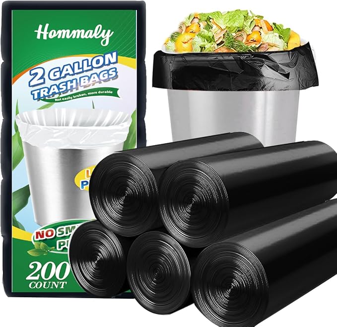 Hommaly 2 Gallon 200 pcs Small Black Trash Bags, Strong 1.8 Gallon Garbage Bags by HOMMALY