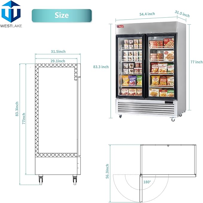 WESTLAKE 54" W Commercial Display Freezer 2 Glass door 49 Cu.ft Stainless Steel Merchandiser Reach-in Upriht Fan Cooling Digital Temperature Control Display Freezer for Restaurant, Bar, Shop, etc