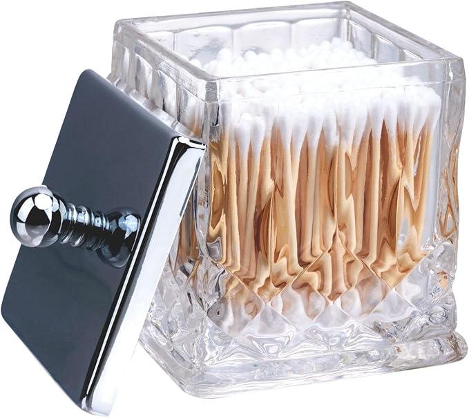 15Oz Clear Q-Tip Holder, Square Thick Glass & Metal Lid by ZIVQEXMURL