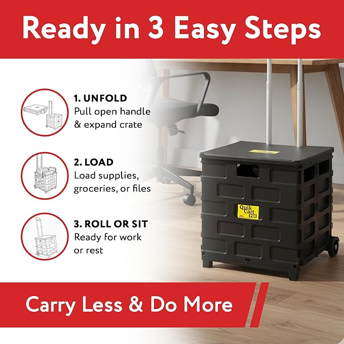 dbest products Quik Cart Pro Wheeled Rolling Crate Teacher Utility with seat Heavy Duty Collapsible Basket with Handle, Aluminum, Black