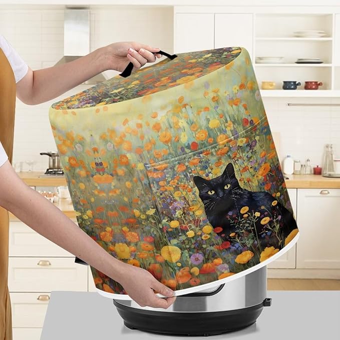Xoenoiee Black Cat Floral Pattern Kitchen Appliance Dust Covers with Pockets - Compatible with Electric Pressure Cooker, Rice Cooker, Air Fryer - For 6 Qt Pot