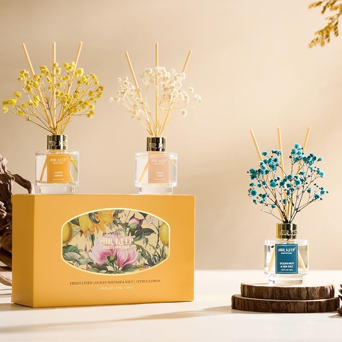 Reed Diffuser Set of 3, Fresh Linen Ocean Mist&Sea Salt Citrus Lemon Oil Reed - Image 4