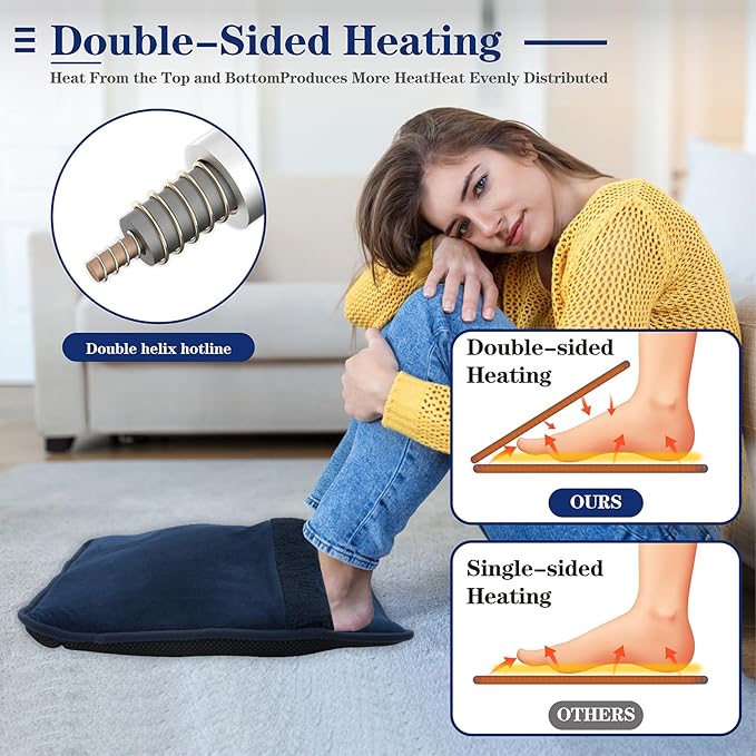 Double Sided Electric Foot Warmer with LCD Display, 6 Heat Settings & 3 Timer, Fast Heating Feet Heating Pad with Auto Shut Off, Non-Slip & Machine Washable Plush, Under Desk for Office/Home/Bed-Navy