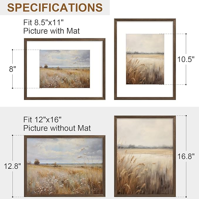 Vittanly 12x16 Picture Frame Set of 2, Solid Wood Frame for Wall Art Photo and Prints, Display Photo 8.5x11 with Mat or 12x16 without Mat, Brown