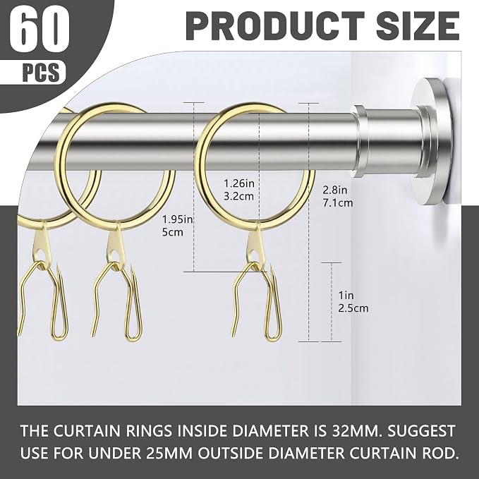 60Pcs 32mm Internal Diameter Curtain Rings and Curtain Drapery Pin Hooks | Gold - Image 2