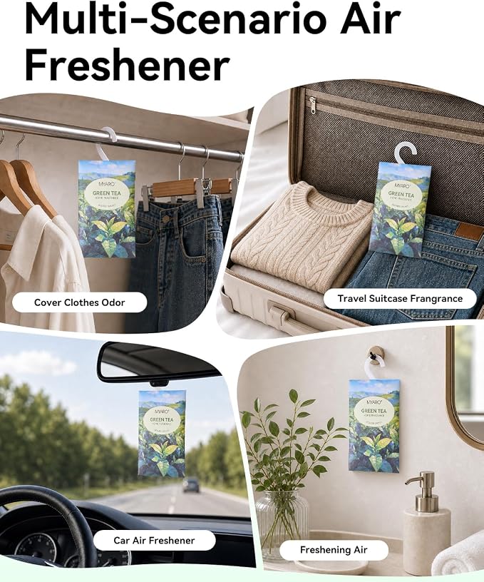 MYARO 12Pcs Green Tea Sachets Hanging Car Air Freshener, Closet Deodorizer - Image 3