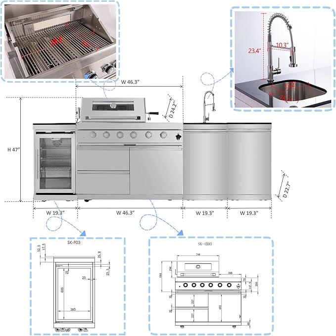 104 Inch Outdoor Kitchen Island, 7200 BTU Gas Grill Combination With Refrigerator and Sink, Outdoor Stainless Steel Barbecue Bar, Natural Gas Barbecue Grill for Patios, Gardens, Parties