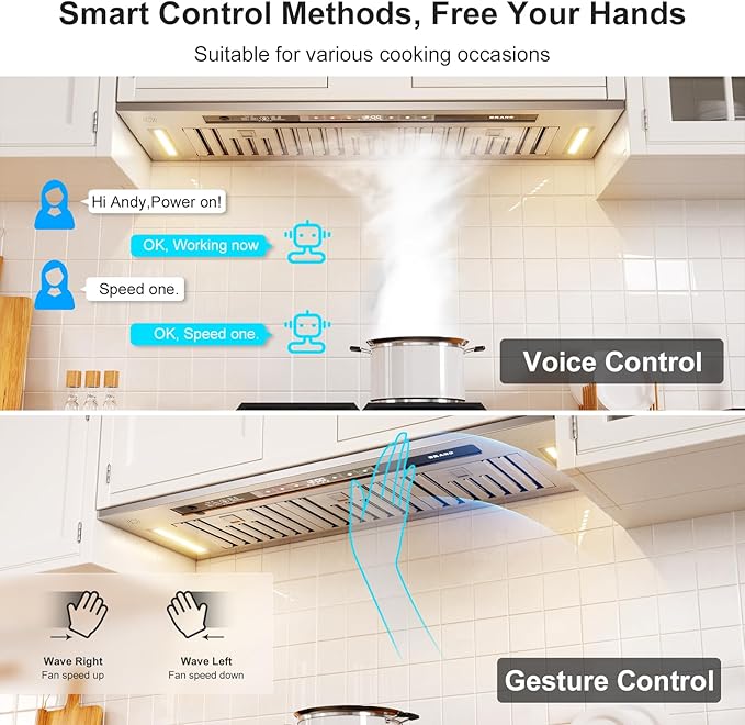 BRANO Range Hood Insert 36 Inch, 900 CFM Smart Voice/Gesture/Touch Control, 4 Speed Exhaust Fan, Stainless Steel Kitchen Hood with Charcoal Filter, Ducted/Ductless Convertible
