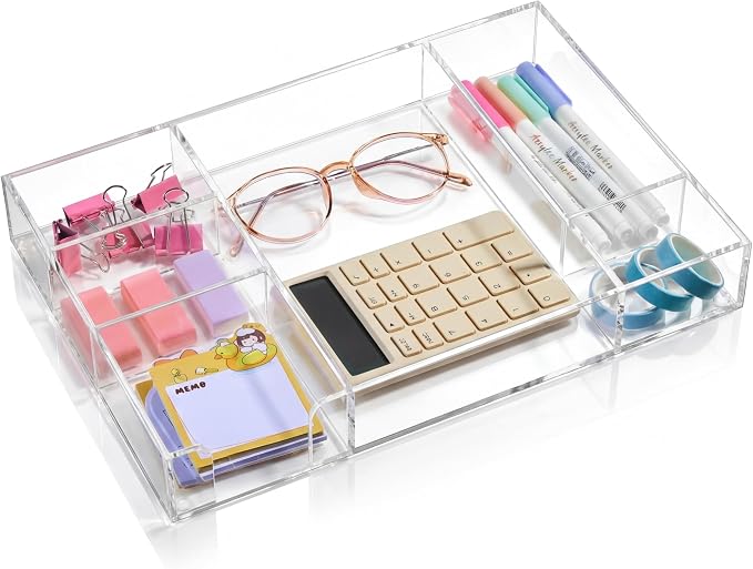 Briwooody Clear Acrylic Drawer Organizer, 6 Compartments, Large | 12.8 x 8.8 x by Briwooody