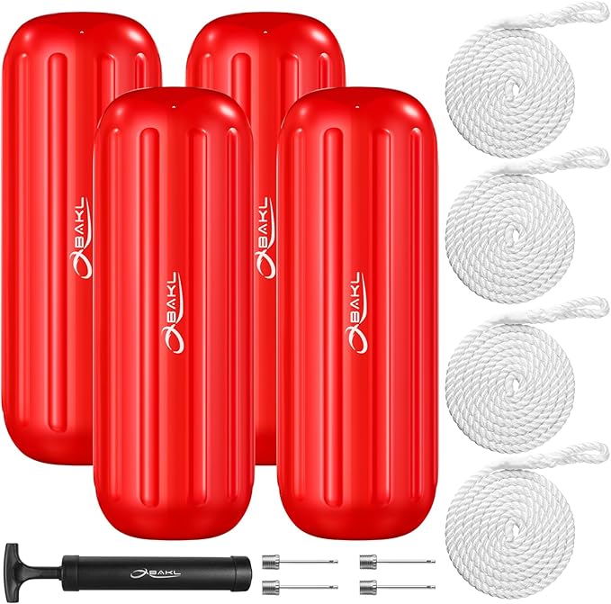Boat Fenders 4 Pack 10 x 28 Inches Ribbed Center Hole Boat Fenders Bumpers for Docking, Comes with Ropes and Pump to Inflate