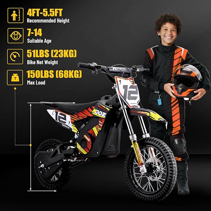 KOOZ HP112E 36V 1000W Electric Dirt Bike for Kids, 3 Speed Modes Teen Electric Motorcycle Up to 18 MPH & 15 Miles Long-Range, Dual Suspension & Disc Brake, 16" Sturdy Tire for Kids Teenagers