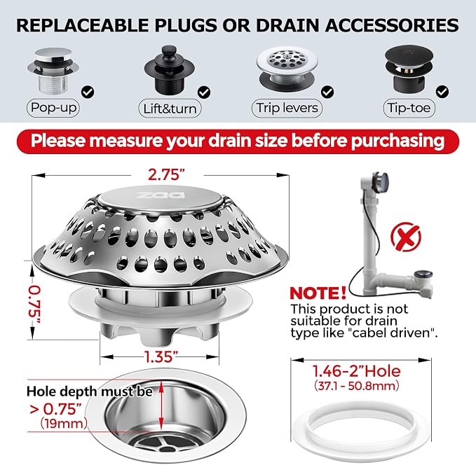 zaa 2 in 1 Bathtub Drain Stopper & Hair Catcher Pop-Up Plug | Upgraded Silver - Image 3