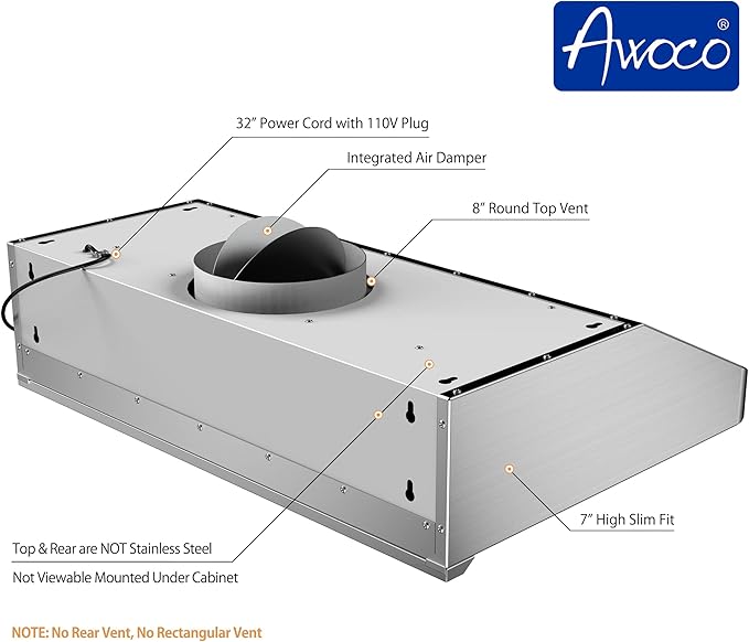 Awoco 36” Supreme 7” High Stainless Steel Under Cabinet Range Hood 4 Speeds, 8” Round Top Vent, 1000CFM 2 LED Lights, Remote Control & External Oil Collector (RH-S10-36S)