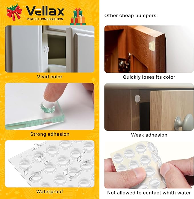 128 Clear Cabinet Door Bumpers - 1/2 Inch Self Adhesive Rubber Stoppers for Drawers, Damp Pads Cupboards, Cutting Boards, Glass Tops, Picture Frames - Vellax