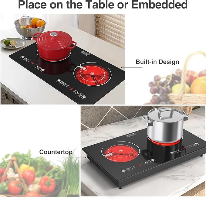 VBGK 2 Burner Electric Cooktop,110V 2400W Electric Stove Top with Touch Control,9 Heating Level,Timer & Kid Safety 2 burner cooktop.