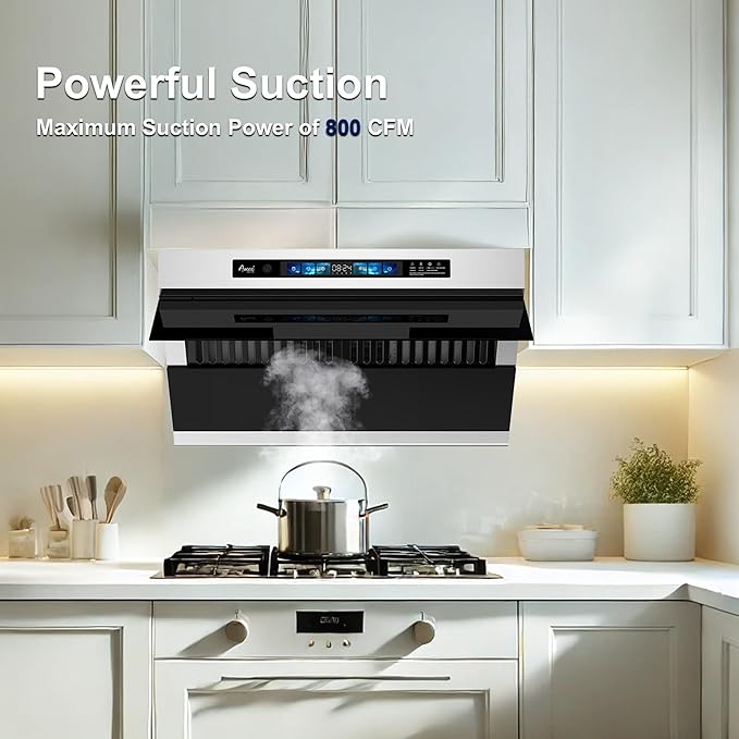 Awoco 30" Under Cabinet Range Hood, Side-Draft Design, 4 Speeds Exhaust Fan with 800 CFM, Voice, Gesture, Touch & Remote Control, 6" Vent, Dimmable LED Light Bars