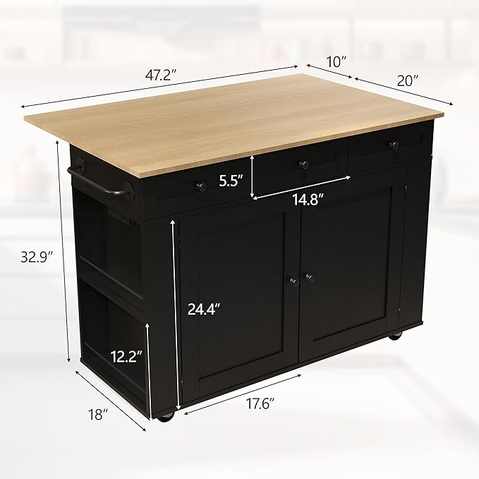 Garvee Rolling Kitchen Island Cart with Power Outlet & Drop Leaf, Kitchen Storage Cabinet On Wheels with 3 Drawers, Spice Rack & Towel Rack, Mobile Island Table for Kitchen