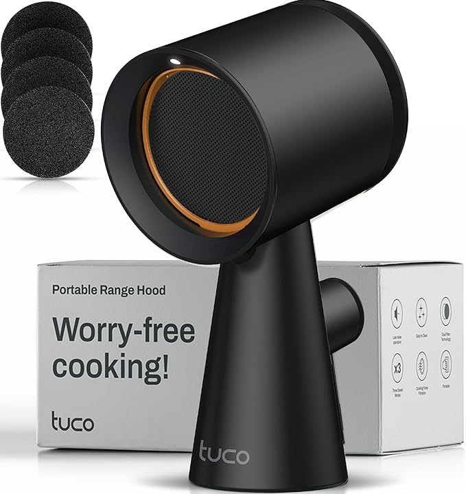 TUCO Portable Range Hood, Desktop Kitchen Exhaust Fan with 3 Speeds, Triple Filter Polymer, Aluminum & Carbon, Low Noise, Oil Collection Cup, Smoke Air Purifier for Indoor BBQ, Hot Pot and RV Kitchens