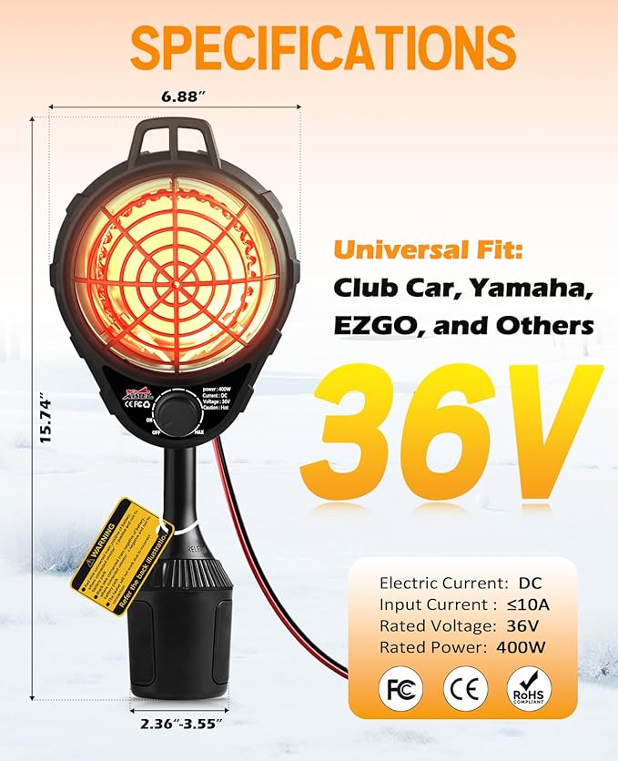 Xislet Upgrade Golf Cart Electric Heater with Infinite Temperature Adjustment, 2-Second Quick Heat 400W Quiet & Safe Carbon Fiber Heating, Battery Powered Heater Stable Fit Club Car/Yamaha/EZGO
