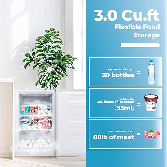 3.2 Cu.ft Small Freezer, Mini Upright Freezer with Adjustable Thermostat, Removable Shelves, Reversible Single Door, for Bedroom/Home/Dorms/Apartment (White)