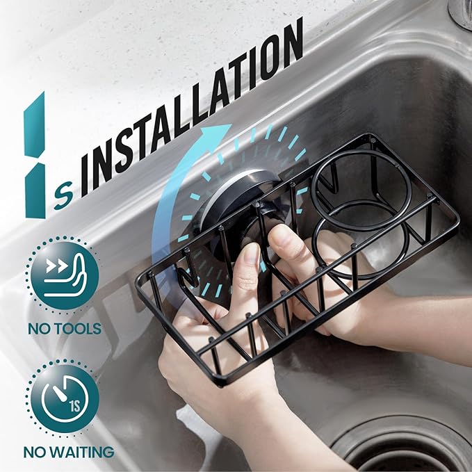 TAILI Sponge Holder with Strong Suction Cup, 4-in-1 Rustproof Sink Organizer - Sink Caddy Holds Sponges, Brushes, Stoppers & Scrapers - Black