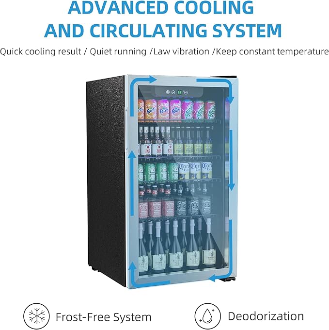 3.2 Cubic Feet Mini Fridge,126 Can Freestanding Beverage Refrigerator with Glass Front Door for Soda, Beer Under Counter Small Refrigerator with Adjustable Shelves and Digital Display(Silver)
