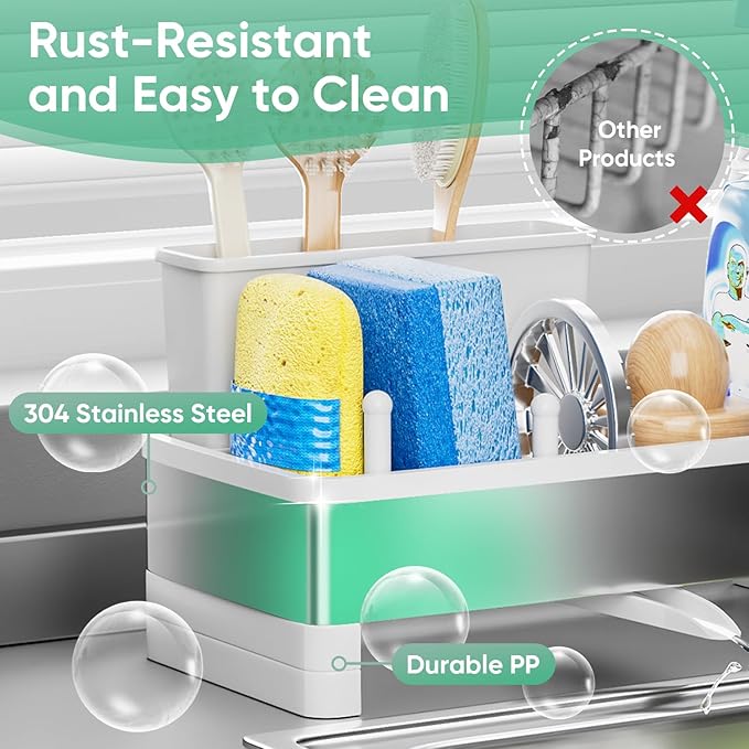 VUSIGN Sponge Holder for Kitchen Sink, Sink Caddy Organizer with Brush Holder, Rustproof Stainless, Self-Draining Sink Organizer for Countertop, Sponges, Brushes, Kitchen Decor and Accessories, White