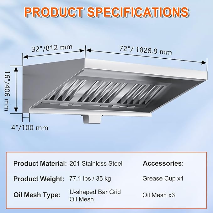 Food Truck Low Profile Exhaust Hood System Includes a 6FT Commercial Kitchen Exhaust Hood and an 0.5HP Restaurant Hood Grease Rated Roof Exhaust Fan