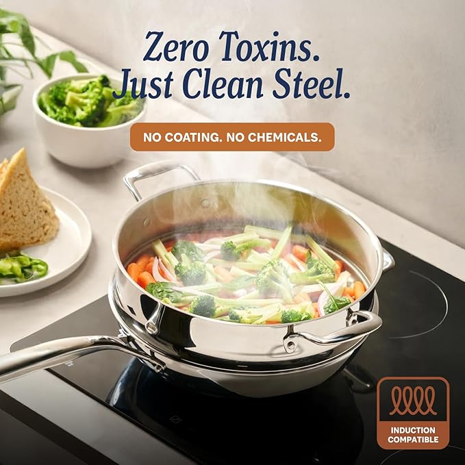 LEGEND COOKWARE 5-Ply Stainless Steel 3.5-Quart Saute Pan with Lid - Induction Compatible, Oven Safe 800°F - Non-Toxic, No Coatings - Even Heating, Won't Warp - Built to Last Generations
