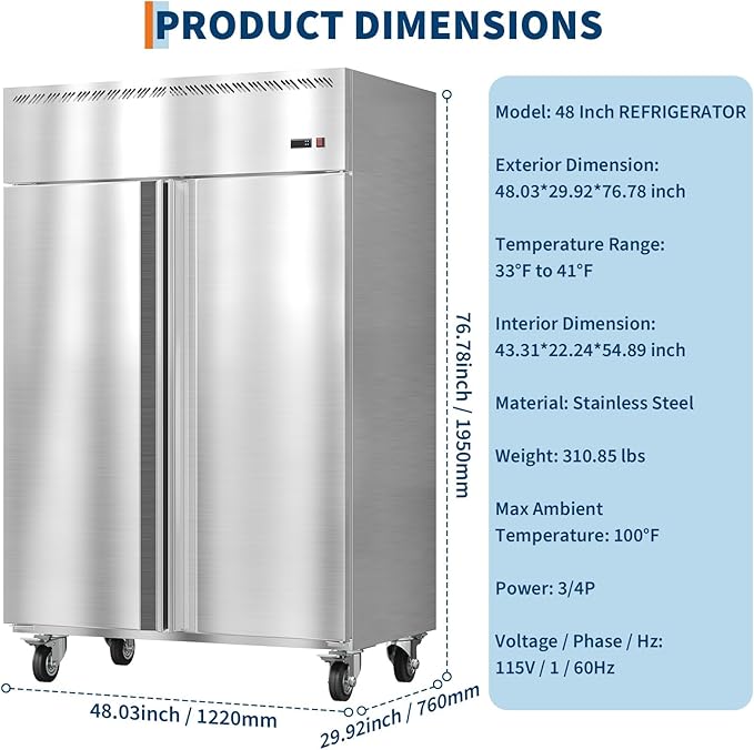48" Commercial Refrigerator Freezer Combo, 36 Cu.ft Upright Freezer, Stainless Steel Beverage Cooler, 2-Door Commercial Refrigerator Freezer, Fan Cooling, Auto Defrost, 6 Shelves for Restaurant Shop