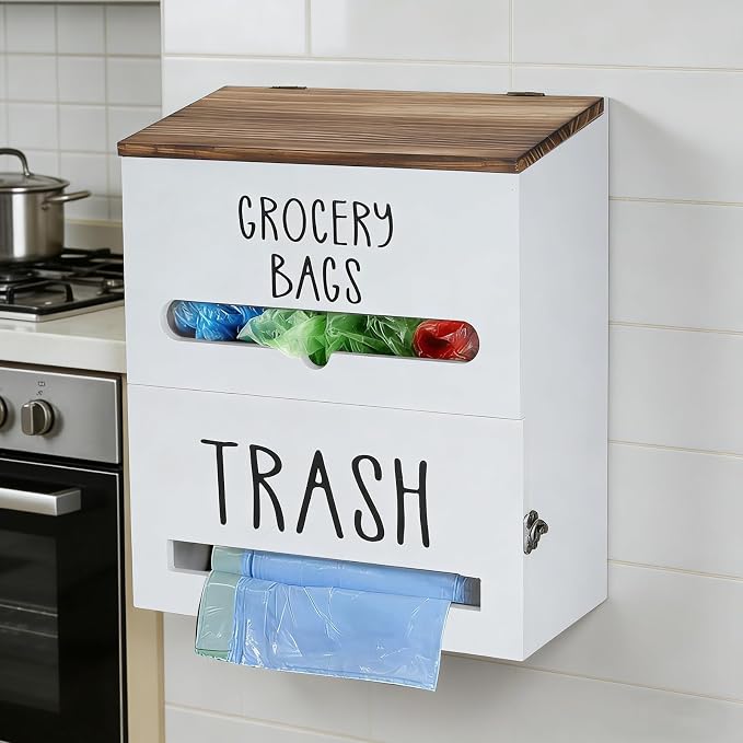 2 in 1 Trash Bag Holder with Grocery Bag Holder, Wooden Trash Bag Dispenser - Image 6