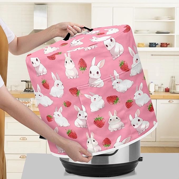 Strawberry Rabbit Easter Pressure Cooker Cover with Storage Pocket Compatible with 8 10 Quart Instant Pot, Durable Rice Cooker Air Fryer Accessories, Waterproof Kitchen Appliances Dust Cover