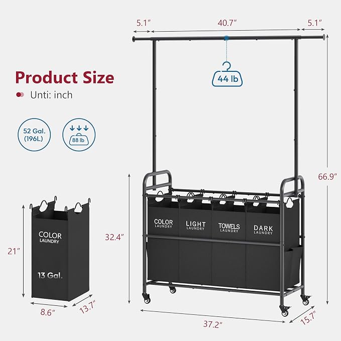 Tajsoon Laundry Sorter with Hanging Bar, 4 Section Laundry Hamper - Image 7