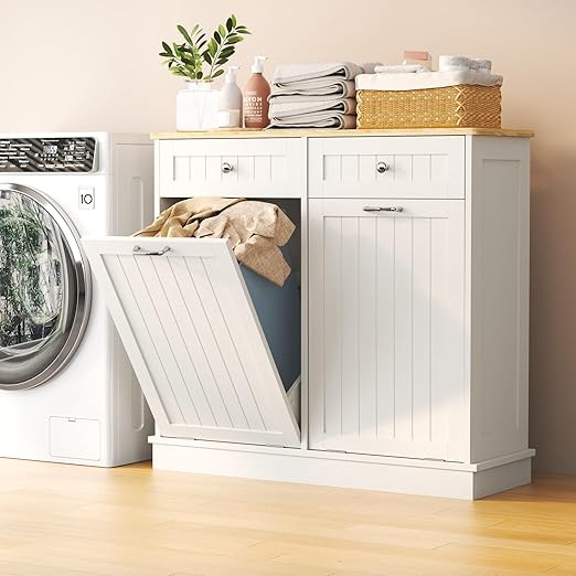 Tilt Out Trash Can Cabinet Dog Proof with Double Wood Hidden Holder, Kitchen Free Standing Recycling Cabinet（White）