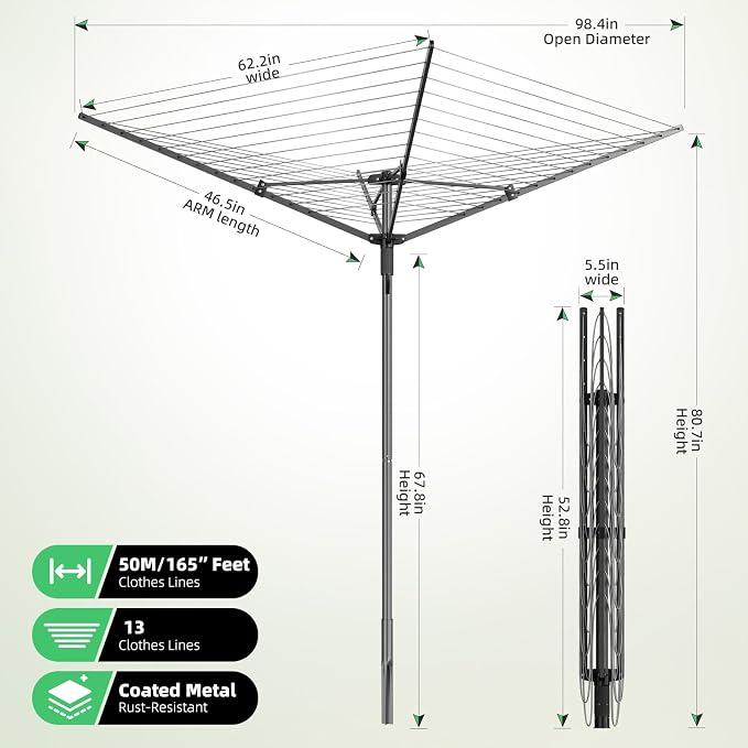 Heavy Duty Outdoor Umbrella Drying Rack, Rotating Height Adjustable Clothesline - Image 2