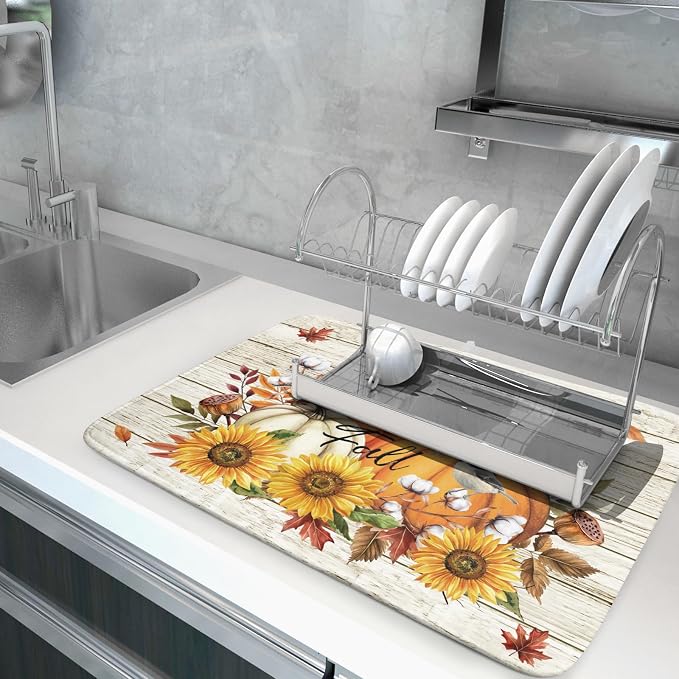 Hello Fall Dish Drying Mat Autumn Pumpkin Dish Drainer Rack Mats 18"x24" Fast - Image 5