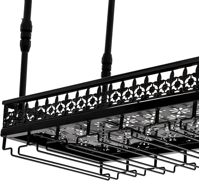 35inch Ceiling Wine Glass Rack, Adjustable Height Hanging Wine Goblet Holder, 2 in 1 Industrial Hanging Bottle Racks Black Metal Ceiling Stemware Shelves for Bar Cafe Kitchen