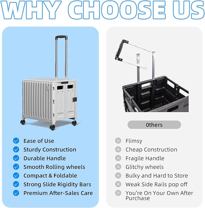 Folding Utility Cart (Gray), 4 360° Swivel Wheels Collapsible Rolling Crate with Lid, Heavy-Duty for Office/Home/Luggage, Teacher - Minimalist Style