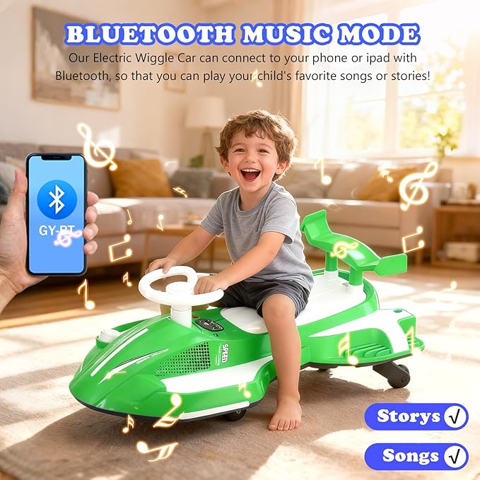 12V Electric Wiggle Car With Pedal, Ride On Car Toy For Kids From Ages 3 And Up, Birthday Gifts for Boys and Girls, Anti-Rollover, Flashing Wheels, Bluetooth, 140Lbs, Tailpipes jet effect(Green+White)