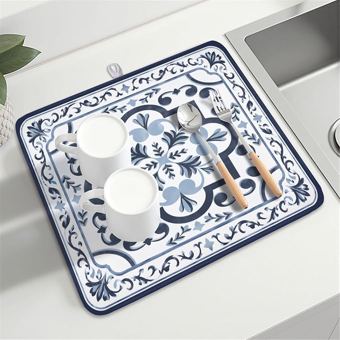 Giwawa Navy Flower Dish Drying Mat Modern Boho Microfiber Dishes Drainer Pad - Image 8