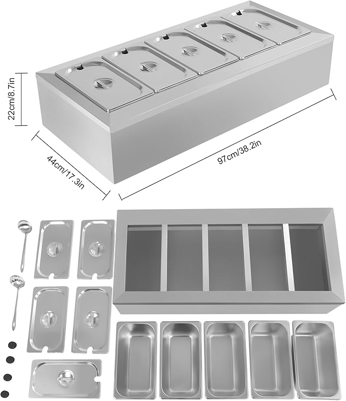 Pizza Topping Station with 5 Pans & Lids, Stainless Steel Condiment Prep Station Food Container Pans, (Country Rustic)