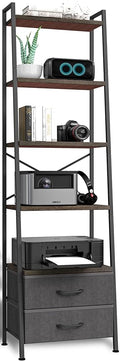 Whitmor 5-Tier Bookshelf with 2 Drawers, Narrow Modern Display Bookcase with Wood Shelves & Metal Frame, Freestanding Storage Rack for Living Room, Bedroom, Bathroom, Home Office, Black